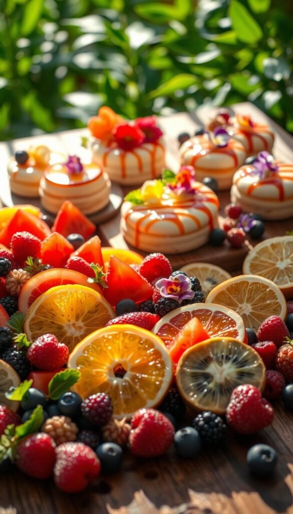 A lush, sun-dappled scene of an array of vibrant, seasonal fruits artfully arranged on a rustic wooden table. In the foreground, an assortment of juicy berries, sliced kiwi, and freshly segmented citrus fruits, their colors bursting with vitality. Behind them, a selection of elegant, plant-based desserts, their surfaces adorned with delicate edible flowers and drizzles of glossy fruit reductions. The lighting is soft and warm, creating a dreamy, inviting atmosphere. The entire composition is framed by a background of verdant foliage, hinting at the wholesome, natural origins of these delectable treats. The overall effect is one of abundance, sophistication, and a celebration of the bounty of the plant kingdom.