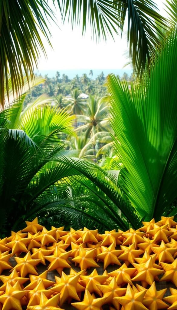 A lush tropical display showcasing an abundance of star fruit. In the foreground, vibrant yellow star-shaped fruits are carefully arranged in an eye-catching display, their glossy surfaces catching the warm, natural light. The middle ground features verdant palm fronds and lush greenery, creating a dynamic backdrop that enhances the star fruit's visual appeal. In the distance, a hazy tropical landscape unfolds, with a hint of azure sky peeking through. The overall composition evokes a sense of exotic allure, inviting the viewer to immerse themselves in the splendor of this star-studded tropical delight.