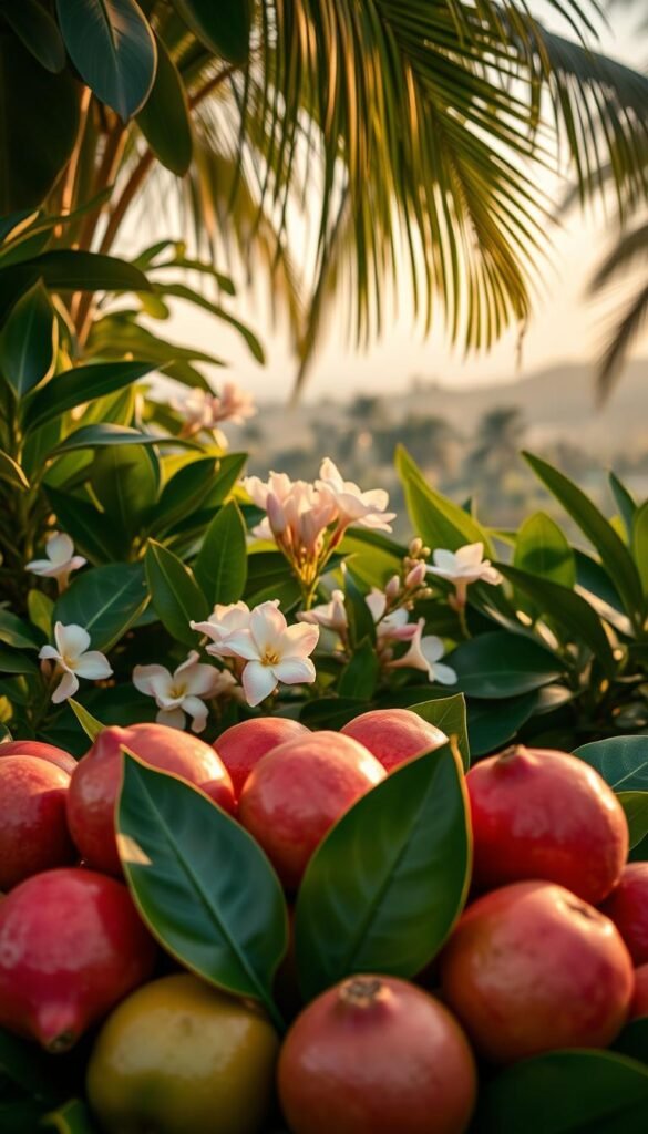 A lush, tropical scene featuring a stunning display of plump, juicy guavas. In the foreground, the guavas are arranged in an elegant, artful manner, their vibrant pink-red hues and glossy textures catching the warm, soft lighting. The middle ground showcases a blend of verdant foliage - lush, large leaves and delicate, fragrant blooms in shades of white and pale pink. In the background, a hazy, dreamlike landscape hints at a tropical paradise, with palm fronds swaying gently and a hint of a distant horizon. The overall mood is one of luxurious, aromatic indulgence, perfect for a chic, destination wedding celebration.
