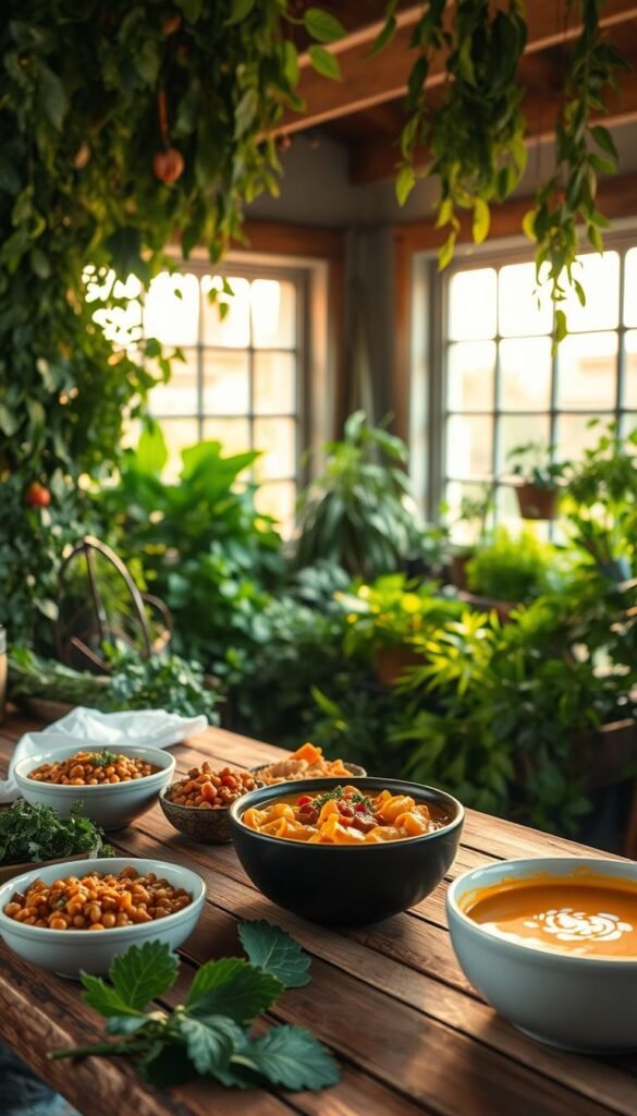 A lush, verdant kitchen garden overflows with an abundance of vibrant, leafy greens, fresh herbs, and colorful produce. In the foreground, a wooden table is set with a variety of plant-based comfort food classics - hearty lentil stew, creamy mac and cheese made with cashew-based cheese sauce, and a steaming bowl of butternut squash soup. Warm, golden lighting filters in through large windows, casting a cozy, inviting glow over the scene. Rustic, earthy textures and a minimalist, modern aesthetic create a harmonious balance, reflecting the "plant-based comfort food revolution" that is transforming the way we approach traditional comfort dishes. A lush, verdant kitchen garden overflows with an abundance of vibrant, leafy greens, fresh herbs, and colorful produce. In the foreground, a wooden table is set with a variety of plant-based comfort food classics - hearty lentil stew, creamy mac and cheese made with cashew-based cheese sauce, and a steaming bowl of butternut squash soup. Warm, golden lighting filters in through large windows, casting a cozy, inviting glow over the scene. Rustic, earthy textures and a minimalist, modern aesthetic create a harmonious balance, reflecting the "plant-based comfort food revolution" that is transforming the way we approach traditional comfort dishes.