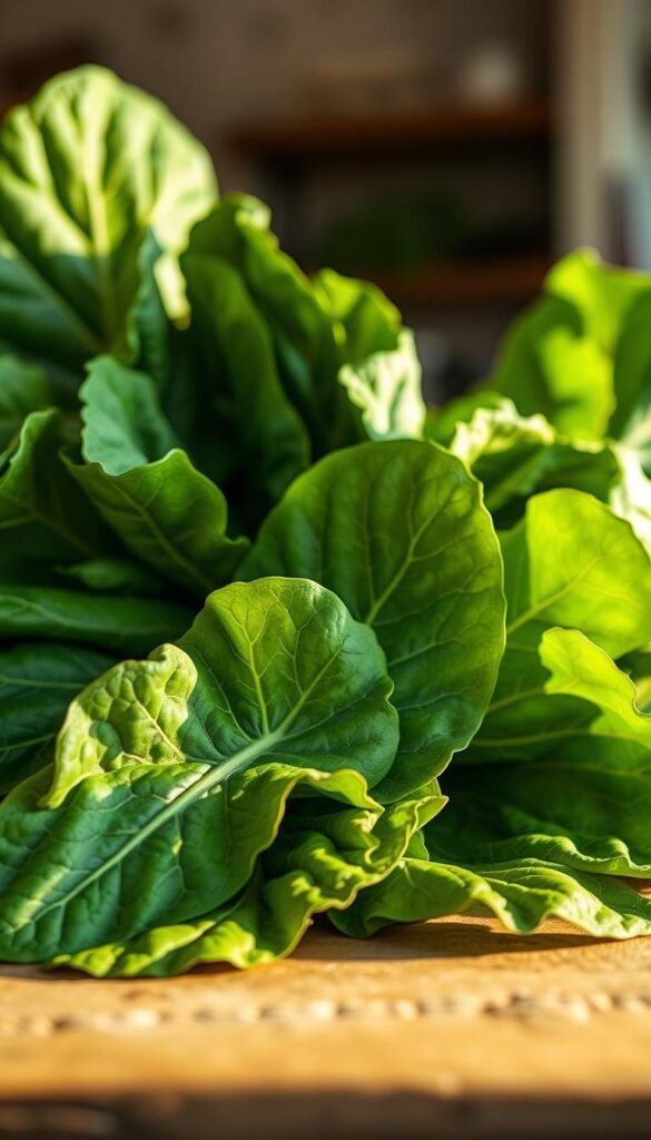 A lush, vibrant bunch of collard greens, their deep green leaves glistening under warm, golden sunlight. The greens are arranged on a rustic wooden table, with a few leaves delicately folded and overlapping, creating a visually appealing composition. In the background, a soft, hazy blur suggests a cozy, Southern-style kitchen, evoking a sense of homey comfort. The lighting is soft and natural, casting gentle shadows and highlighting the intricate vein patterns of the leaves. The overall mood is one of simple, wholesome country charm, perfectly suited to illustrate a section on classic Southern comfort dishes.