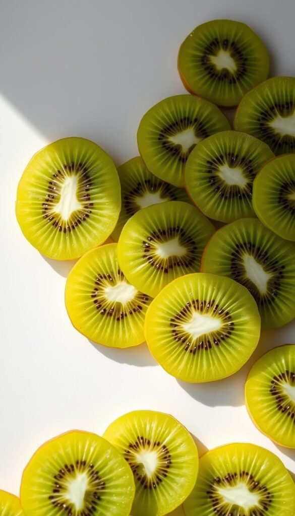 A lush, vibrant display of fresh kiwi fruit set against a crisp, white backdrop. The kiwi slices are arranged in an inviting, organic pattern, their bright green flesh and small black seeds creating a captivating visual contrast. Soft, natural lighting gently illuminates the scene, casting subtle shadows and highlights that accentuate the fruit's texture and juicy appearance. The overall composition exudes a sense of freshness, harmony, and an enticing tropical allure, perfectly capturing the "Kiwi Charm" of this verdant display.
