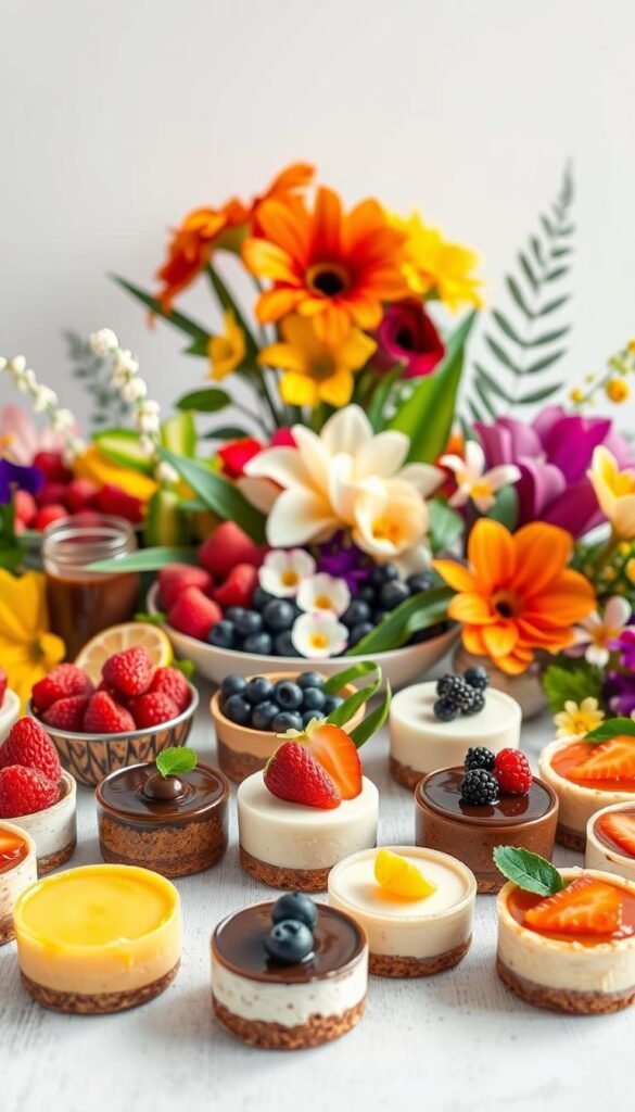 A lush, vibrant tabletop arrangement showcasing an assortment of delectable no-bake vegan desserts. In the foreground, tempting bite-sized treats like creamy cashew-based cheesecakes, silky chocolate puddings, and refreshing fruit-based panna cottas. The middle ground features a selection of fresh berries, sliced tropical fruits, and artfully arranged edible flowers, creating a natural, visually appealing display. Soft, diffused lighting casts a warm, inviting glow, while a minimalist white backdrop allows the vibrant colors and textures of the desserts to take center stage. The overall scene radiates a sense of simplicity, health, and indulgence, perfectly capturing the essence of effortless, plant-based sweets.