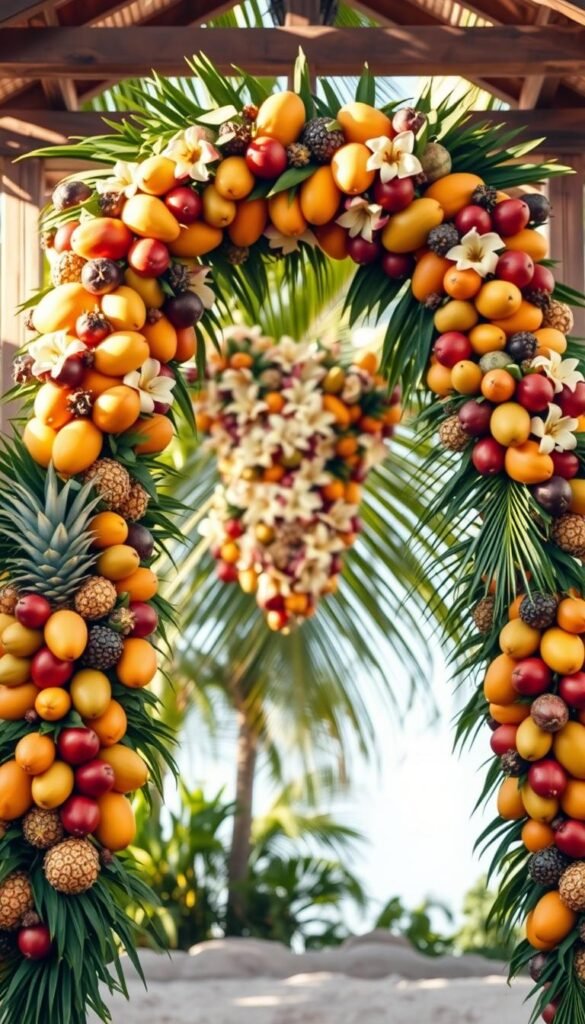 A lush, vibrant tropical fruit garland draped across a wooden archway. The foreground features a bountiful arrangement of ripe papayas, mangoes, pineapples, passion fruits, and juicy guavas, their colors and textures spilling together in a visually striking display. The middle ground showcases clusters of fragrant plumeria blossoms and verdant palm fronds, creating a sense of depth and lush foliage. The background is softly blurred, emphasizing the garland as the focal point, with subtle warm lighting casting a natural, sun-dappled glow across the entire scene. The overall mood is one of abundance, celebration, and the essence of a destination wedding in a tropical paradise.