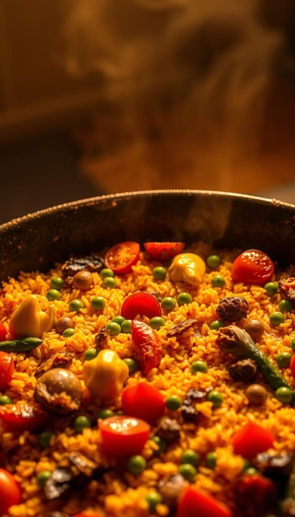 A lush, vibrant vegetarian paella simmering in a wide, shallow pan. The rice is perfectly cooked, infused with the rich flavors of saffron, smoked paprika, and roasted vegetables. Tender artichoke hearts, juicy tomatoes, and fragrant peas dance across the dish, creating a visually stunning and nourishing meal. The light from a soft, diffused overhead source casts a warm, golden glow, highlighting the dish's textures and colors. The scene is captured from a slightly elevated angle, emphasizing the paella's captivating presentation. This inviting spread is the perfect centerpiece for a wholesome, plant-based feast.