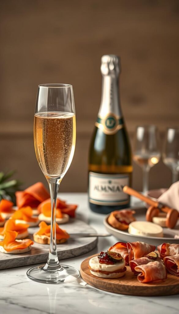 A lush, vintage-inspired still life showcasing an assortment of budget-friendly champagne pairings. In the foreground, a crisp, golden-hued champagne flute filled with bubbly sits atop a marble table, accompanied by an array of gourmet hors d'oeuvres - delicate smoked salmon canapes, creamy brie bites with fig jam, and savory prosciutto-wrapped breadsticks. The middle ground features a bottle of affordable, yet elegant sparkling wine, its label prominently displayed. The background is bathed in warm, soft lighting, creating a cozy, inviting atmosphere, while a subtle, muted color palette evokes a sense of refined simplicity. The overall scene conveys an effortless pairing of budget-friendly bubbles with sophisticated, bite-sized indulgences, perfect for a bubbly toast celebration.