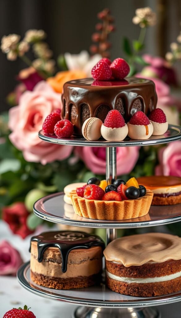 A lushly lit close-up of an elegant, three-tiered vegan dessert stand, adorned with meticulously crafted plant-based confections. In the foreground, a decadent chocolate ganache cake with a glossy mirror glaze sits atop the tiered display, alongside delicate raspberry macarons and a vibrant fruit tart filled with a rainbow of fresh berries. The middle ground showcases a creamy cashew-based cheesecake drizzled in caramel, and a moist, spiced carrot cake with a thick, dairy-free frosting. In the background, a softly blurred arrangement of seasonal florals and greenery creates a refined, celebratory atmosphere. The lighting is warm and glamorous, enhancing the rich colors and textures of these exceptional vegan desserts.