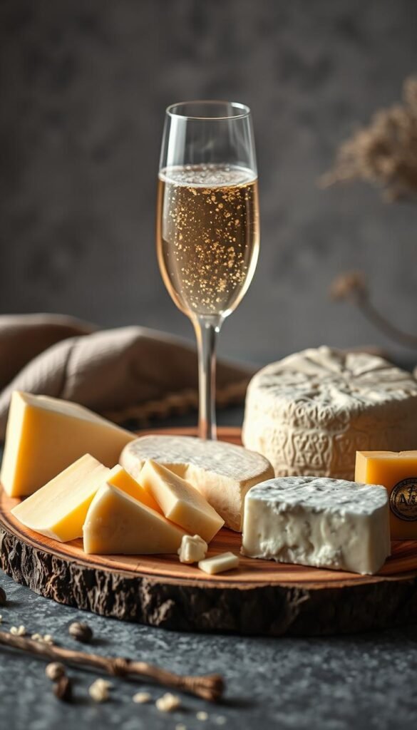 A luxurious still life showcasing a delectable pairing of soft, creamy cheeses and a chilled, effervescent glass of champagne. The cheeses are arranged artfully on a rustic wooden board, their textures and hues contrasting beautifully. The champagne flute catches the light, its bubbles sparkling and casting a warm, golden glow over the scene. The background is softly blurred, allowing the centerpiece to shine. Soft, diffused lighting bathes the composition, creating a sense of elegance and sophistication. The overall mood is one of indulgence and celebration, inviting the viewer to savor the classic combination of cheese and champagne.