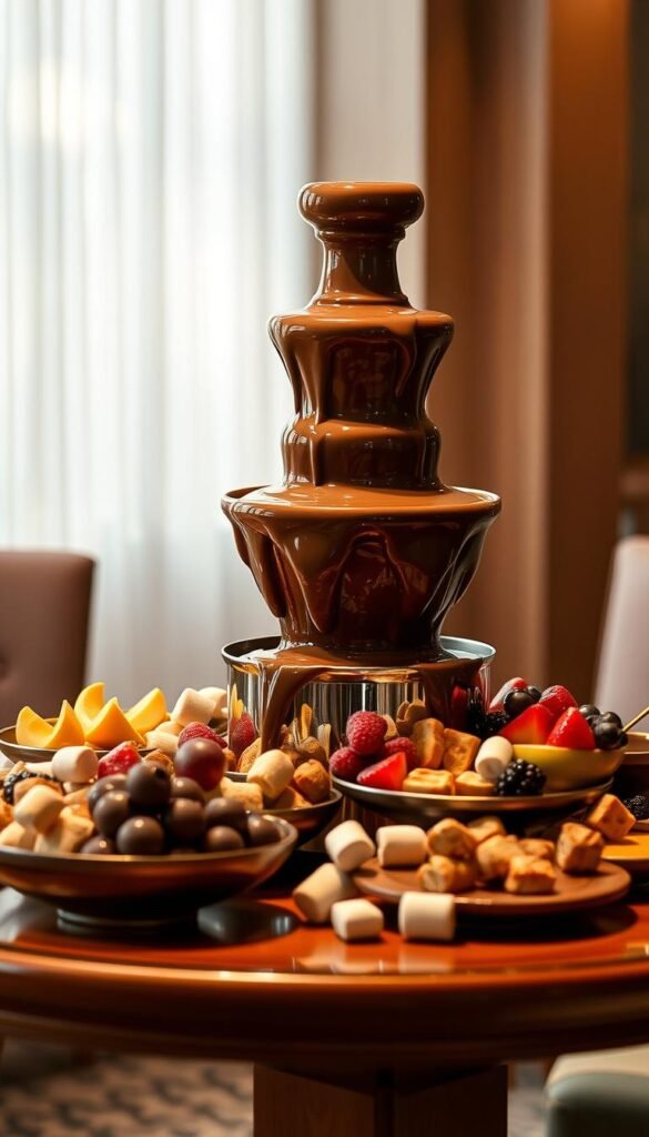 A magnificent chocolate fondue fountain stands majestically on a gleaming wooden table, surrounded by an array of luscious fruits, marshmallows, and bite-sized pastries. The rich, silky chocolate cascades down the tiered structure, creating a mesmerizing visual feast. Soft, warm lighting bathes the scene, casting a cozy, inviting atmosphere. The fountain's intricate design and the vibrant colors of the accoutrements evoke a sense of indulgence and interactive delight, perfectly capturing the essence of an immersive chocolate experience.