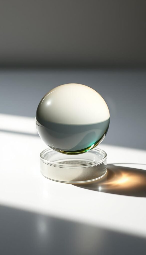 A metallic sphere suspended in a glass container, filled with a vibrant, viscous liquid. The surface of the sphere appears to have a glossy, translucent sheen, reflecting the light in a mesmerizing way. The container is positioned on a clean, minimalist surface, allowing the spherification process to take center stage. Soft, directional lighting illuminates the scene, casting subtle shadows that add depth and dimension. The overall composition conveys a sense of scientific precision and culinary artistry, perfectly capturing the essence of molecular gastronomy techniques.