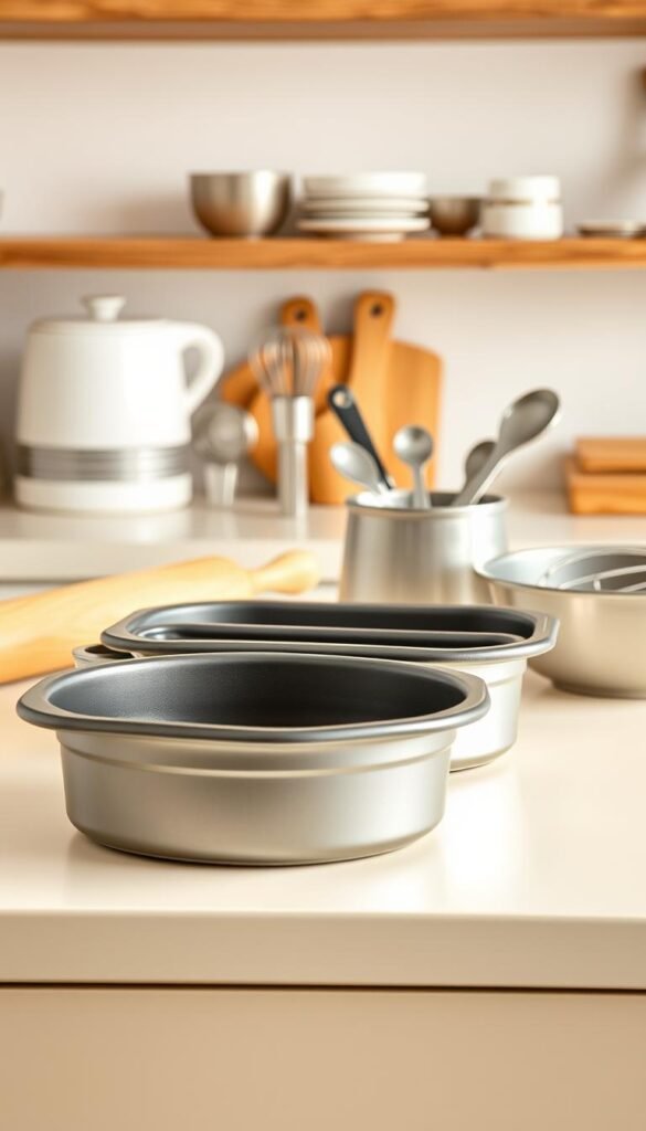 A meticulously arranged bakeware set, its contents neatly displayed on a pristine cream-colored counter. In the foreground, a set of nested baking pans, their durable nonstick surfaces gleaming under soft, even lighting. Behind them, a collection of essential tools - a sturdy rolling pin, a set of measuring cups and spoons, and a whisk with sleek, stainless steel tines. In the background, a backdrop of warm, rustic wooden shelves, complementing the cream-colored aesthetic. The overall scene exudes a sense of organization, functionality, and the promise of delicious baking endeavors to come.
