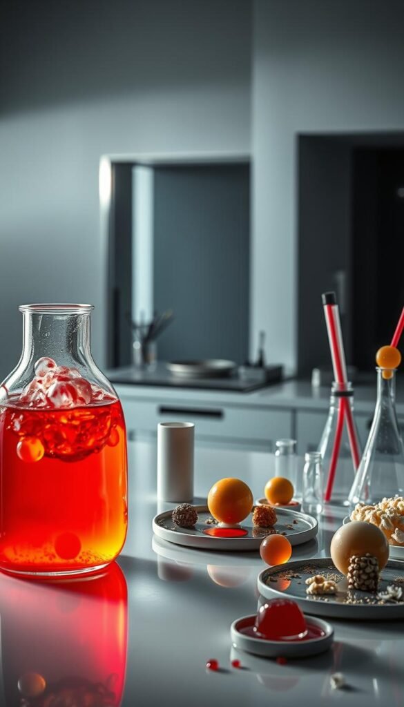 A meticulously arranged still life showcasing the wonders of molecular gastronomy. In the foreground, a glass beaker filled with a vibrant, bubbling liquid, its viscosity evoking a sense of scientific experimentation. Surrounding it, an array of unconventional culinary tools and ingredients - pipettes, test tubes, and spherified orbs of savory delights. The middle ground features a futuristic, minimalist kitchen counter, its surface dotted with unexpected textures and shapes, hinting at the transformative nature of this culinary discipline. In the background, a sleek, monochromatic backdrop, casting a dramatic, chiaroscuro lighting that emphasizes the technical precision and avant-garde aesthetics of molecular gastronomy.