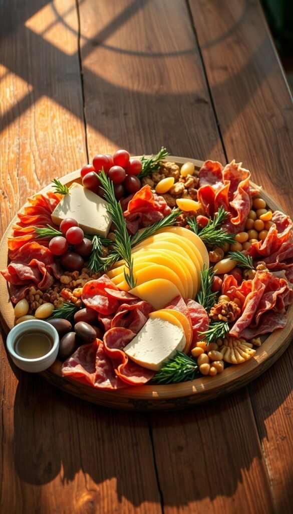 A meticulously curated charcuterie board sits on a rustic wooden table, bathed in warm, golden light. An artful arrangement of cured meats, rich cheeses, glistening grapes, and fragrant rosemary sprigs creates a visually captivating display. The board's edges are adorned with small bowls of honey, nuts, and olives, adding pops of color and texture. Soft, diffused shadows cast by the overhead lighting lend depth and dimension to the scene, while the table's weathered surface provides the perfect backdrop to showcase the board's elegant simplicity. The overall composition exudes a sense of effortless sophistication, inviting the viewer to imagine hosting an unforgettable cocktail party.