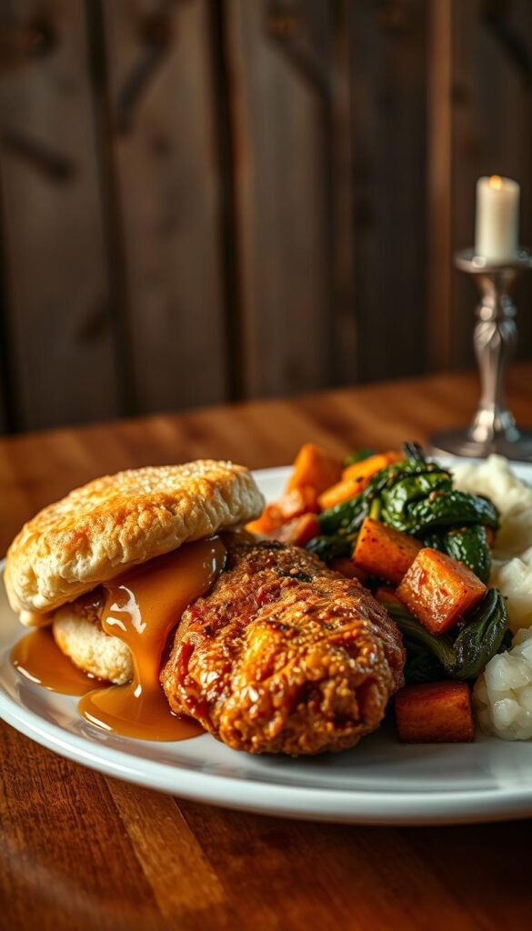 A meticulously plated, elevated take on classic southern cuisine, captured in stunning detail. In the foreground, a delicate, flaky buttermilk biscuit drizzled with golden honey, nestled alongside a perfectly cooked fried chicken thigh, the skin glistening with a crisp, seasoned exterior. In the middle ground, a vibrant, seasonal vegetable medley - roasted sweet potatoes, sautéed greens, and silky mashed potatoes, all executed with refined technique. The background features a warm, rustic setting, with weathered wooden panels and soft, golden lighting casting a comforting glow over the scene. Hints of antique silver and porcelain add a touch of elegance, elevating this refined interpretation of beloved southern comfort food classics. A meticulously plated, elevated take on classic southern cuisine, captured in stunning detail. In the foreground, a delicate, flaky buttermilk biscuit drizzled with golden honey, nestled alongside a perfectly cooked fried chicken thigh, the skin glistening with a crisp, seasoned exterior. In the middle ground, a vibrant, seasonal vegetable medley - roasted sweet potatoes, sautéed greens, and silky mashed potatoes, all executed with refined technique. The background features a warm, rustic setting, with weathered wooden panels and soft, golden lighting casting a comforting glow over the scene. Hints of antique silver and porcelain add a touch of elegance, elevating this refined interpretation of beloved southern comfort food classics.