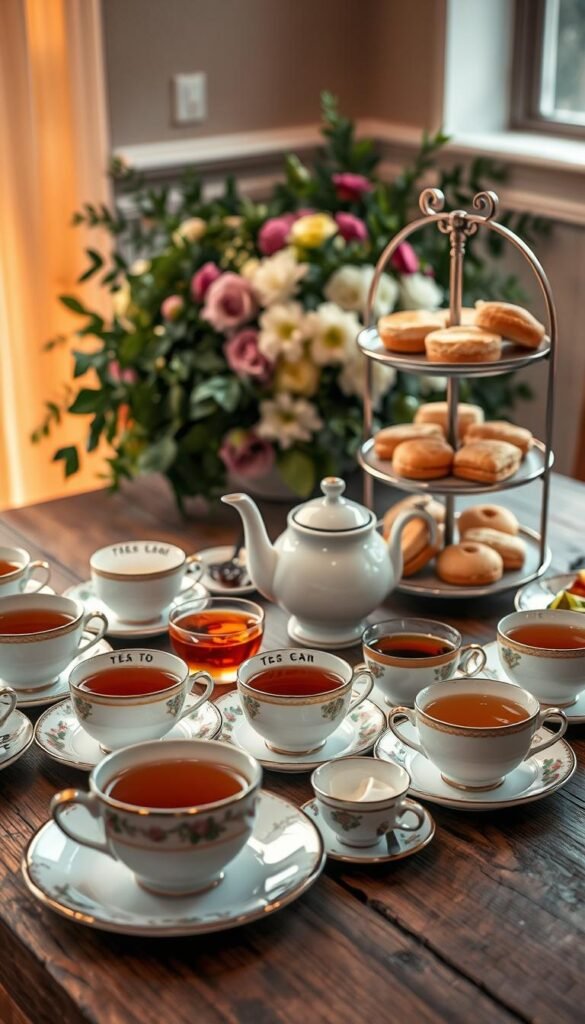 A meticulously styled tea time setting on a rustic wooden table. In the foreground, an assortment of delicate tea cups and saucers in elegant porcelain, filled with aromatic teas of various hues. Surrounding them, a curated selection of petite pastries, finger sandwiches, and other gourmet snacks, each thoughtfully paired with its complementary tea. The middle ground features a beautiful teapot, its steam gently rising, and a tiered serving tray laden with scones, jam, and clotted cream. In the background, a lush, verdant floral arrangement adds a touch of natural elegance, while warm, diffused lighting casts a cozy, inviting glow over the scene. The overall atmosphere emanates refined sophistication and a sense of unhurried indulgence.