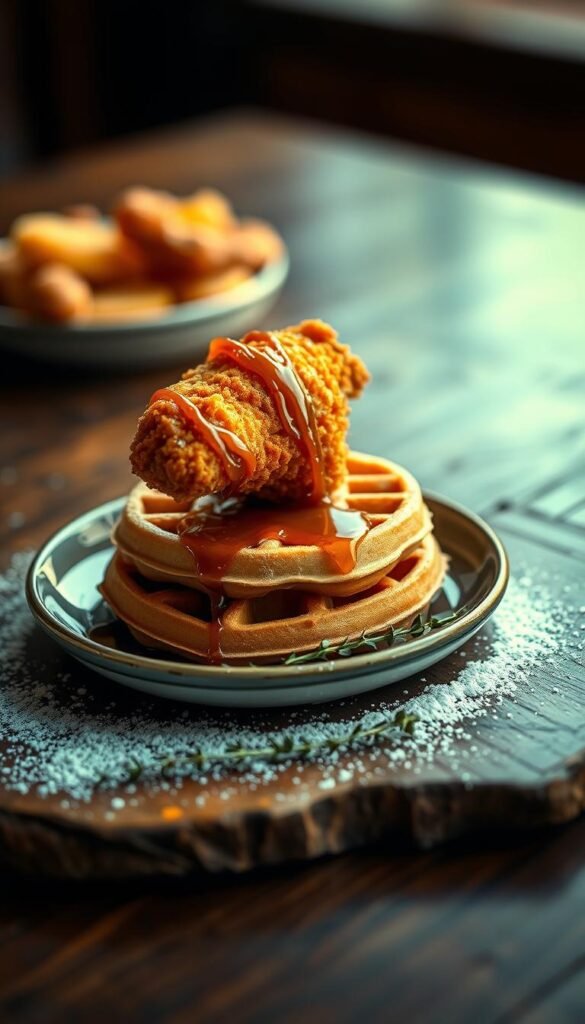 A miniature artisanal chicken and waffles plate, served on a vintage-style ceramic dish. In the foreground, a golden-brown crispy fried chicken tender rests atop a fluffy golden-brown waffle, drizzled with a glistening maple syrup reduction. The middle ground features a scattering of fresh thyme sprigs and a dusting of powdered sugar, adding earthy and sweet accents. The background is softly blurred, evoking a cozy, intimate mood with soft natural lighting and a slightly worn, textured table surface. The overall composition is visually striking yet inviting, capturing the comforting essence of this classic Southern dish in a petite, gourmet presentation.