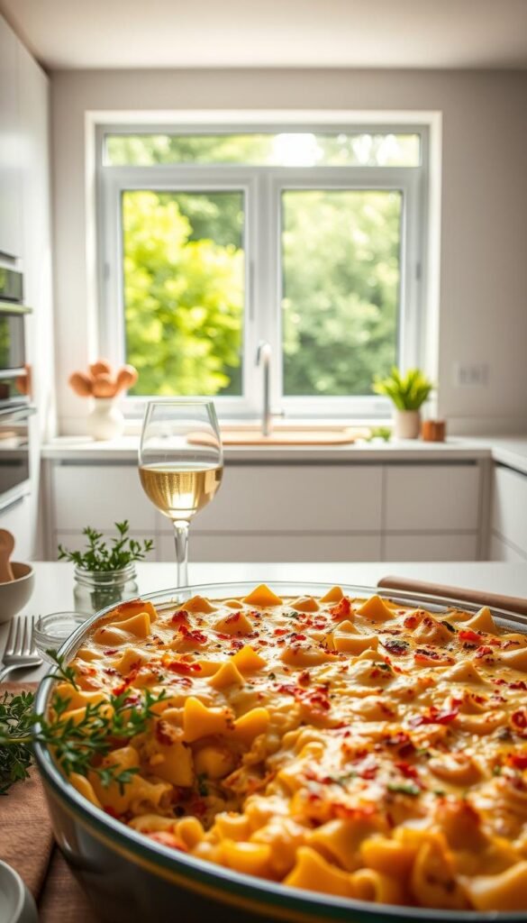 A modern, elevated casserole dish set against a bright, airy kitchen backdrop. In the foreground, a creamy, baked pasta casserole with a golden-brown, crispy top and a medley of fresh vegetables peeking through. Surrounding the casserole, artfully arranged kitchen utensils, herbs, and a small glass of white wine, conveying a sense of culinary sophistication. The middle ground features sleek, minimalist kitchen cabinetry and a large, picture window overlooking a lush, green outdoor scene. Soft, natural lighting bathes the scene, creating a warm, inviting atmosphere. The overall impression is one of a contemporary, nourishing comfort food classic, elevated with refined presentation and thoughtful styling. A modern, elevated casserole dish set against a bright, airy kitchen backdrop. In the foreground, a creamy, baked pasta casserole with a golden-brown, crispy top and a medley of fresh vegetables peeking through. Surrounding the casserole, artfully arranged kitchen utensils, herbs, and a small glass of white wine, conveying a sense of culinary sophistication. The middle ground features sleek, minimalist kitchen cabinetry and a large, picture window overlooking a lush, green outdoor scene. Soft, natural lighting bathes the scene, creating a warm, inviting atmosphere. The overall impression is one of a contemporary, nourishing comfort food classic, elevated with refined presentation and thoughtful styling.