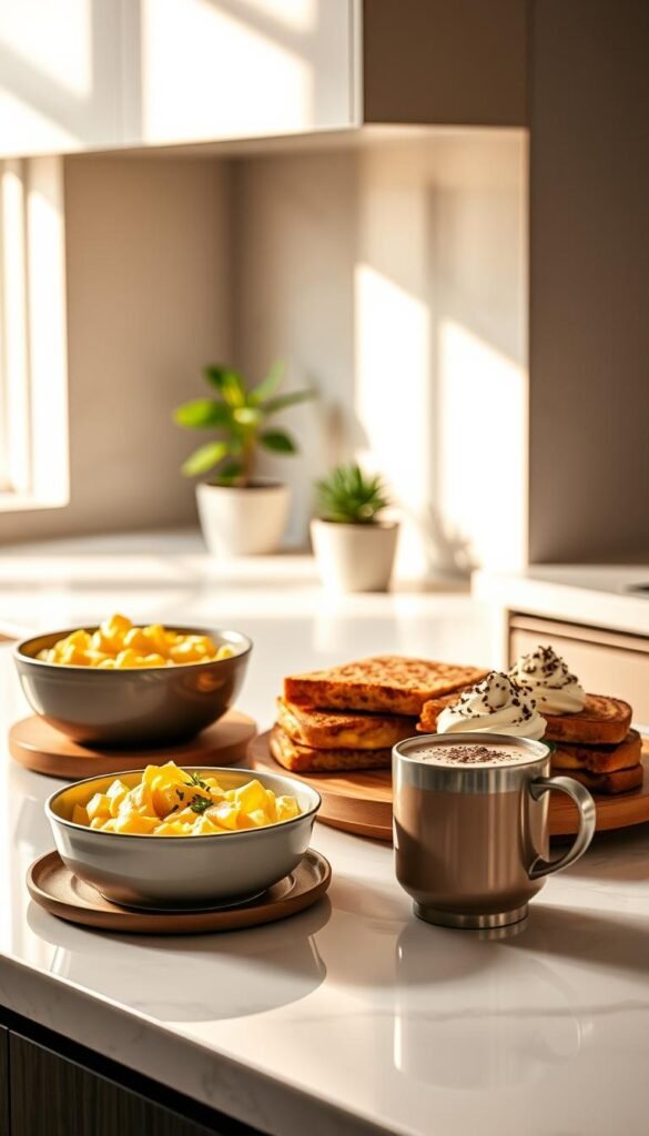 A modern kitchen counter, bathed in warm, natural lighting. Artfully arranged on the surface: a bowl of creamy mac and cheese, a platter of gourmet grilled cheese sandwiches, and a steaming mug of indulgent hot chocolate topped with whipped cream and chocolate shavings. The background features a sleek, minimalist backsplash and a potted plant, creating a harmonious balance of comfort and sophistication. The scene exudes a cozy, inviting atmosphere, reflecting the evolving trends in elevated comfort food. A modern kitchen counter, bathed in warm, natural lighting. Artfully arranged on the surface: a bowl of creamy mac and cheese, a platter of gourmet grilled cheese sandwiches, and a steaming mug of indulgent hot chocolate topped with whipped cream and chocolate shavings. The background features a sleek, minimalist backsplash and a potted plant, creating a harmonious balance of comfort and sophistication. The scene exudes a cozy, inviting atmosphere, reflecting the evolving trends in elevated comfort food.