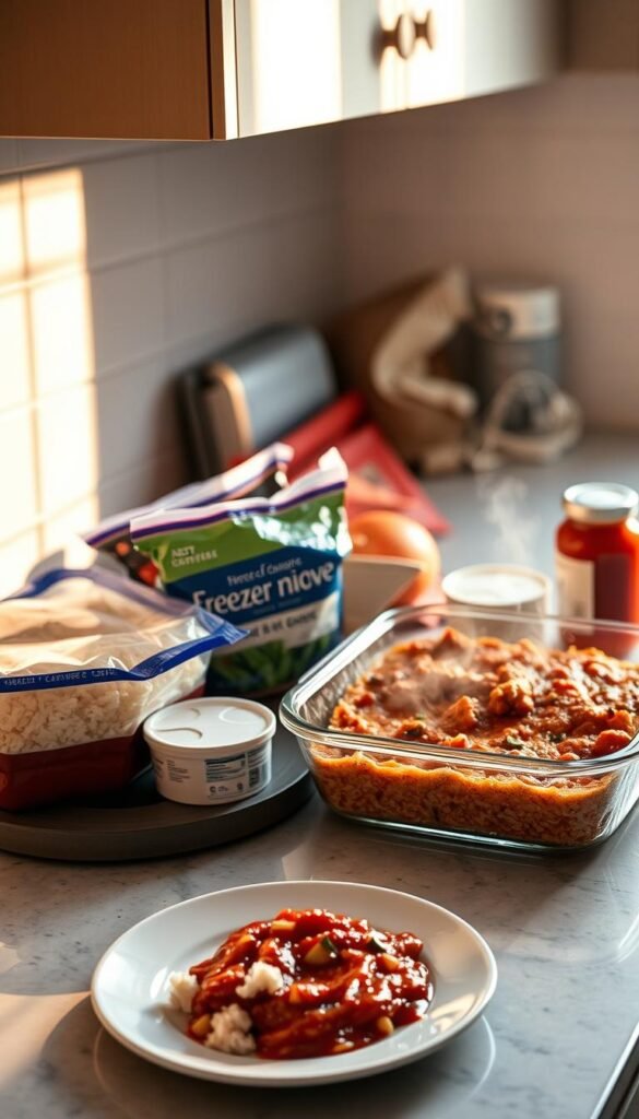 A modern kitchen counter with a glass casserole dish and a plate beside it. Steam rises from the dish, indicating it's freshly reheated. Surrounding the dish are various freezer meal components - bags of frozen vegetables, a container of cooked rice, and a jar of sauce. The lighting is warm and inviting, casting soft shadows across the scene. The angle is slightly elevated, capturing the entire setup in a clean, uncluttered composition. The mood is one of efficiency and convenience, reflecting the ease of thawing and reheating these prepared meals.