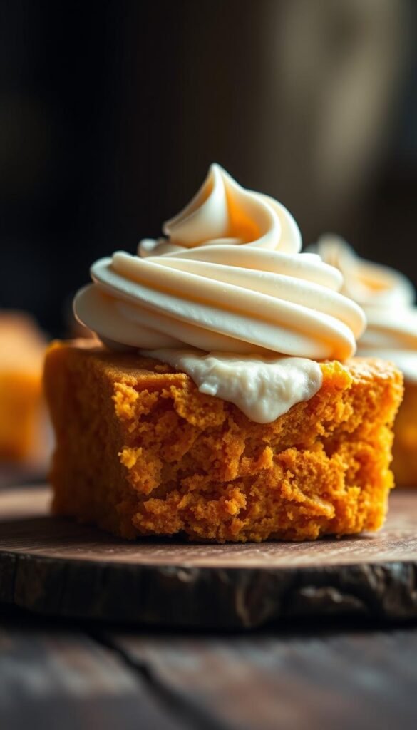 A mouth-watering close-up of a homemade sweet potato dessert, its vibrant orange hue contrasting with a fluffy, dairy-free frosting that cascades elegantly over the surface. The dessert is presented on a rustic wooden board, bathed in warm, natural lighting that accentuates its inviting texture and aroma. The background is blurred, keeping the focus solely on the tempting confection, beckoning the viewer to indulge in its delectable, guilt-free deliciousness.
