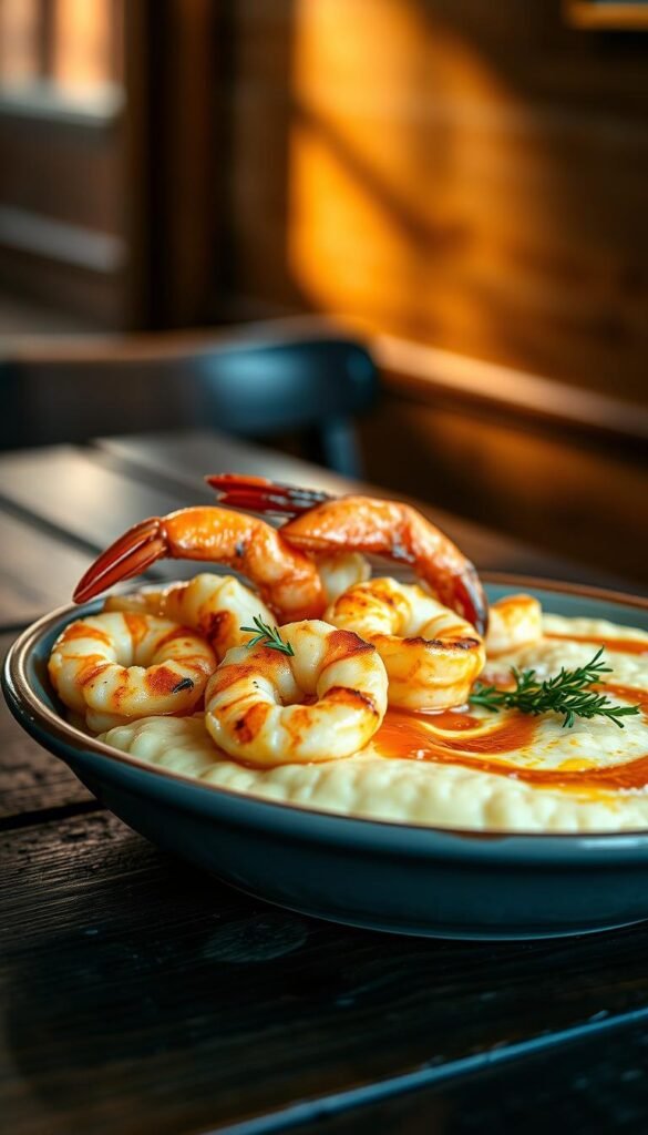 A mouth-watering plate of shrimp and creamy, stone-ground grits sits on a rustic wooden table. The shrimp are plump and succulent, perfectly seared with a hint of smoky char. The grits are velvety smooth, infused with savory butter and sharp cheddar cheese. Sprigs of fresh thyme and a drizzle of tangy, spicy Creole sauce add vibrant color and flavor. Soft, diffused light from a nearby window casts a warm glow over the scene, creating an inviting, down-home atmosphere. The camera angle is slightly elevated, allowing the viewer to appreciate the dish's comforting textures and rich, satisfying presentation.