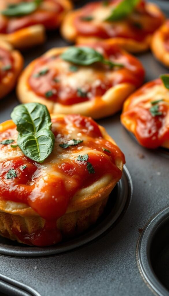 A mouthwatering arrangement of miniature deep-dish pizzas, baked to perfection in a classic muffin tin. The crust is a golden-brown, flaky exterior giving way to a soft, buttery interior. Thick, tangy tomato sauce and gooey, melted mozzarella cheese spill over the edges, creating a delightfully messy presentation. Fresh basil leaves, fragrant oregano, and a dusting of Parmesan cheese adorn the top, lending a vibrant pop of color and flavor. Captured in soft, warm lighting that highlights the rich, comforting tones, these Chicago-style pizza muffins invite the viewer to indulge in a satisfying, handheld slice of indulgence.