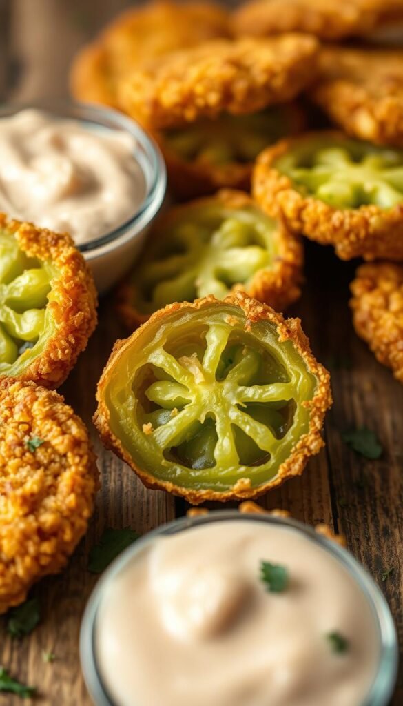 A mouthwatering close-up of freshly fried green tomato slices, with a crispy golden-brown breading that glistens under warm lighting. The tomatoes are arranged on a rustic wooden table, surrounded by a scattering of fresh herbs and a small dish of tangy remoulade sauce for dipping. The scene is captured from a low angle, emphasizing the juicy, vibrant green interior of the tomatoes peeking through the crunchy exterior. A soft, diffused focus in the background creates a cozy, inviting atmosphere, perfect for evoking the comforting, country-style charm of this iconic Southern dish.