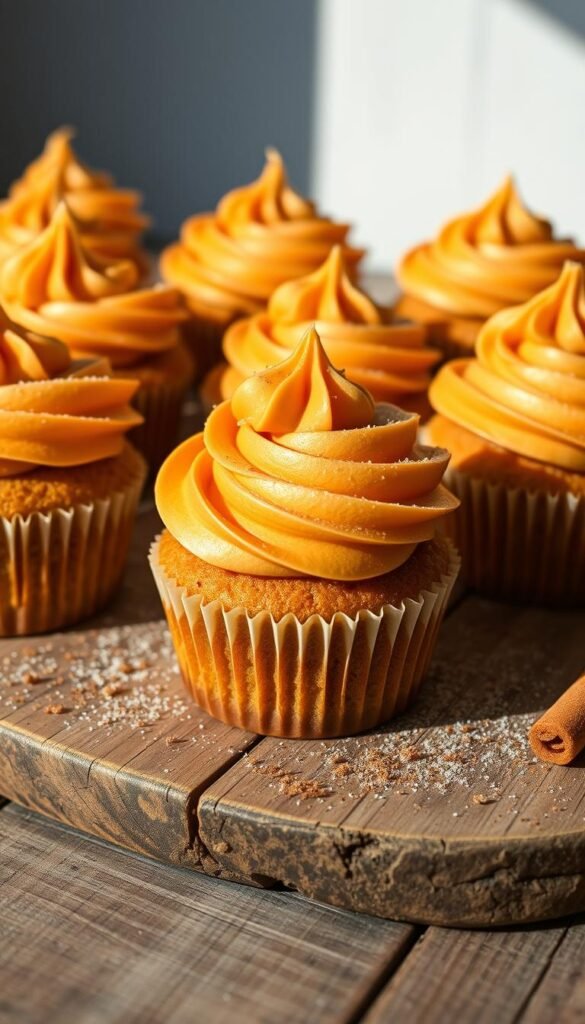 A mouthwatering display of delicate vegan carrot cake cupcakes, freshly baked and invitingly arranged on a rustic wooden surface. The cupcakes are adorned with a smooth, creamy vegan frosting, its vibrant orange hue reminiscent of the sweet carrots within. Flecks of cinnamon and a light dusting of powdered sugar accent the tops, creating a visually enticing contrast. Soft natural lighting illuminates the scene, casting gentle shadows and highlighting the cupcakes' moist, tender texture. The overall composition evokes a sense of homemade indulgence, perfectly capturing the essence of a healthier, dairy-free dessert that is just as rich and satisfying as the traditional version.