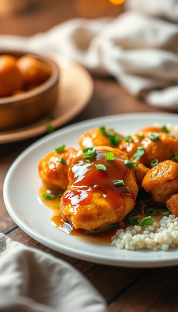 A mouthwatering, golden-brown honey butter chicken meal, served on a white ceramic plate. The chicken is tender and juicy, coated in a glistening honey-butter sauce that has been carefully drizzled over the top. Garnished with fresh, vibrant green herbs, adding a pop of color and aromatic accents. The setting is bathed in warm, soft lighting, creating an inviting, cozy atmosphere. The camera angle is slightly elevated, capturing the dish in an appetizing, eye-level perspective. The overall mood is one of comforting, homemade indulgence, perfectly capturing the essence of this delectable honey butter chicken recipe.
