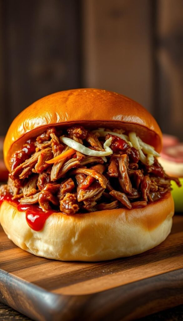 A mouthwatering pulled pork BBQ nestled on a soft, pillowy bun, glistening with a rich, tangy sauce. The tender, shredded pork is piled high, complemented by a smoky char and accented with a sprinkle of zesty coleslaw. Ambient lighting casts a warm, inviting glow, highlighting the vibrant hues of the dish. The scene is set against a rustic, wooden backdrop, evoking the heart of Southern barbecue culture. The overall composition conveys the comforting, indulgent nature of this classic comfort food, ready to be savored at a country-chic reception.