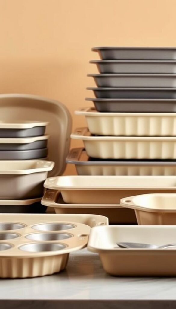 A neatly arranged display of a cream-colored, stackable bakeware set, captured in soft, natural lighting that highlights its elegant, matte finish. The foreground features an assortment of baking pans, muffin tins, and a roasting dish, each with a smooth, non-stick surface that promises effortless food release. In the middle ground, the pieces are stacked with precision, showcasing their space-saving design. The background subtly fades into a warm, neutral tone, creating a sense of sophistication and culinary expertise. The overall composition conveys the superior performance and durable construction of this high-quality bakeware set.