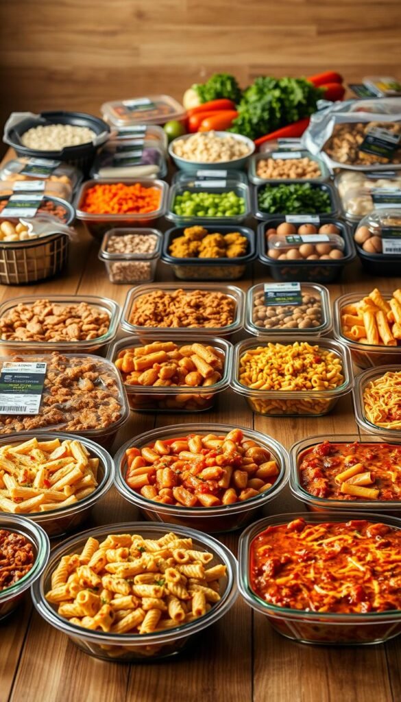 A neatly arranged display of various frozen meals and dish components on a wooden table. In the foreground, an assortment of casseroles, lasagnas, and pasta bakes are visible, with their vibrant colors and tempting textures. The middle ground features individual portion-sized meals, such as hearty stews and curries, packaged in convenient containers. In the background, a collection of freshly prepared ingredients, like diced vegetables, sauces, and herbs, suggests the versatility and customizability of these freezer-friendly options. Warm, directional lighting casts subtle shadows and highlights the appealing presentation, creating an inviting and appetizing scene that captures the essence of make-ahead catering solutions.