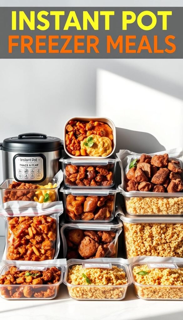 A neatly arranged set of Instant Pot freezer meals, including hearty stews, tender roasts, and aromatic rice dishes. The meals are displayed against a clean, minimalist background, accentuating their vibrant colors and textures. Soft, natural lighting casts gentle shadows, creating a welcoming and appetizing atmosphere. The camera angle is slightly elevated, providing a comprehensive view of the various containers and their contents. The overall composition conveys the convenience, versatility, and deliciousness of these Instant Pot freezer meals, perfect for catering to busy schedules and simplifying meal preparation.