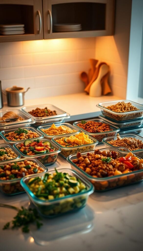 A neatly arranged set of various healthy and gluten-free freezer meals on a clean, minimalist kitchen counter. The meals are made with fresh, high-quality ingredients and presented in glass or ceramic containers. Warm lighting from above casts a cozy glow, highlighting the vibrant colors and textures of the dishes. The composition is balanced, with the meals taking center stage, surrounded by a few simple kitchen utensils or fresh herbs. The overall atmosphere is inviting, highlighting the convenience and nutritional value of these special diet-friendly freezer meals.