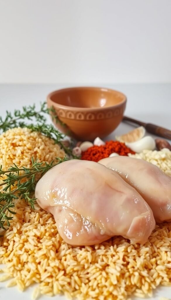A neatly arranged still life of chicken pieces, rice grains, and various seasonings and herbs, captured in soft natural lighting. The chicken is positioned in the foreground, its crisp golden skin glistening. Surrounding it are piles of fragrant basmati rice, sprigs of fresh thyme, and a scatter of paprika, garlic cloves, and diced onions. The midground features a quaint ceramic bowl, its earthy tones complementing the vibrant colors of the ingredients. In the background, a clean, minimalist kitchen countertop provides a simple, uncluttered setting, allowing the culinary elements to take center stage. A neatly arranged still life of chicken pieces, rice grains, and various seasonings and herbs, captured in soft natural lighting. The chicken is positioned in the foreground, its crisp golden skin glistening. Surrounding it are piles of fragrant basmati rice, sprigs of fresh thyme, and a scatter of paprika, garlic cloves, and diced onions. The midground features a quaint ceramic bowl, its earthy tones complementing the vibrant colors of the ingredients. In the background, a clean, minimalist kitchen countertop provides a simple, uncluttered setting, allowing the culinary elements to take center stage.