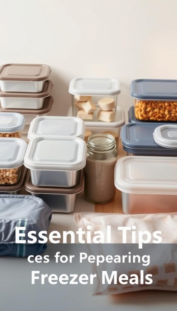 A neatly organized arrangement of various freezer meal containers, including rectangular plastic containers, glass storage jars, and reusable silicone bags, all in a pleasing, neutral-toned color palette. The containers are showcased on a clean, minimalist surface, with soft, warm lighting casting gentle shadows and highlighting the textures and shapes of the different storage solutions. The image conveys a sense of efficiency, organization, and practicality, perfectly suited to illustrate the "Essential Tips for Preparing Freezer Meals" section of the article.