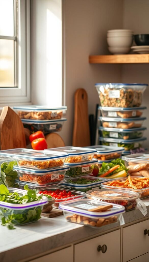 A neatly organized kitchen counter, bathed in warm, natural light filtering through a nearby window. An array of glass containers and BPA-free plastic bags filled with various homemade meals, each labeled with the contents and preparation date. Fresh ingredients like vegetables, herbs, and lean proteins are arranged alongside the containers, hinting at the nutritious and delicious meals to come. The overall scene conveys a sense of efficiency, intentionality, and a commitment to meal planning and preparation, making it easier to cater for a busy lifestyle.