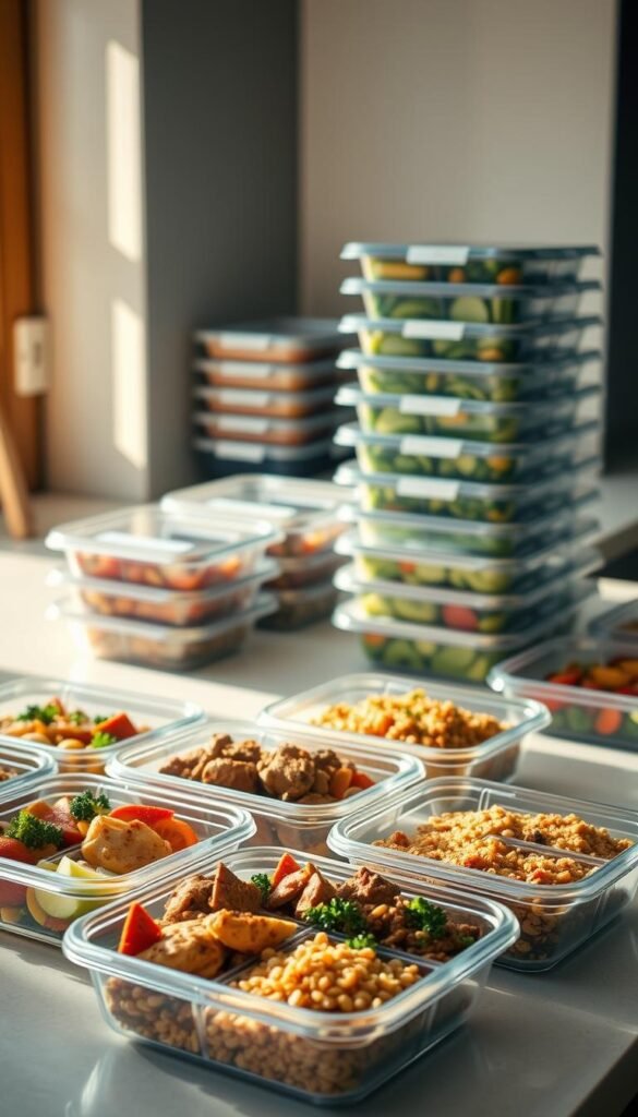 A neatly organized kitchen counter, bathed in warm, natural light, showcases an assortment of well-portioned, freshly prepared lunch meals nestled in transparent containers. The foreground features a variety of balanced, nutritious options, such as grilled chicken with roasted vegetables, hearty beef and barley stew, and colorful quinoa salads. In the middle ground, stacks of labeled, reusable containers hint at the careful meal preparation, while the background subtly suggests a tidy, efficient workspace - perhaps a modern, minimalist kitchen with clean lines and muted tones. The overall scene conveys a sense of intentionality, practicality, and a commitment to healthy, convenient eating for catering.