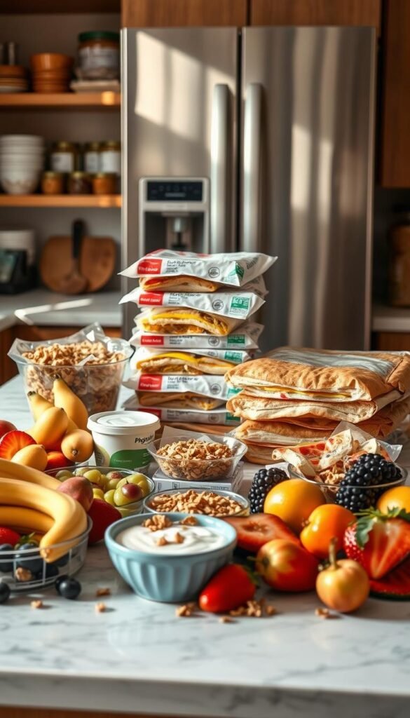 A neatly organized kitchen counter, its surface covered with an array of breakfast freezer meal ingredients. In the foreground, an assortment of fresh fruits, yogurt, and granola. In the middle, a stack of frozen breakfast sandwiches, egg muffins, and breakfast burritos. The background features a stainless steel refrigerator and open shelves stocked with pantry staples. Soft, natural lighting filters in, creating a warm, inviting atmosphere. The overall scene conveys the ease and convenience of having a selection of delicious, homemade breakfast freezer meals ready to simplify catering needs.