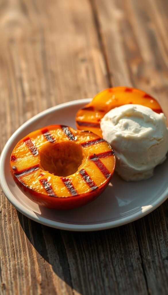 A perfectly grilled pair of ripe, golden peach halves, their caramelized surfaces glistening under the warm afternoon light. Resting beside them, a generous scoop of creamy, dairy-free ice cream, its smooth, pale texture contrasting beautifully with the peaches. The scene is set against a backdrop of a rustic wooden table, its weathered surface adding a touch of natural elegance. The overall mood is one of relaxed indulgence, inviting the viewer to savor the delightful interplay of flavors and textures.
