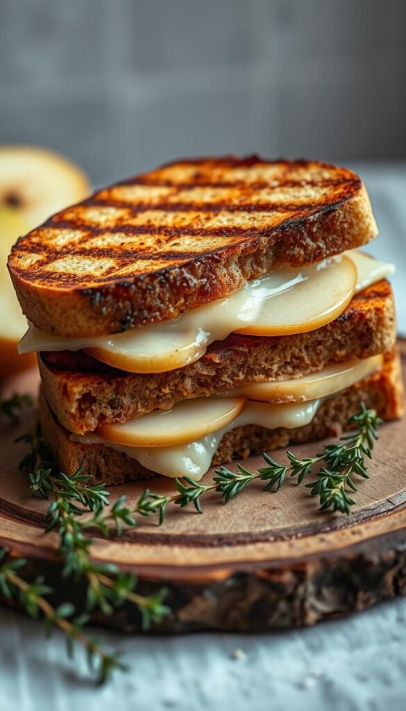 A perfectly grilled panini with crisp, golden-brown bread, melted creamy gouda cheese, and slices of juicy, sweet pear. The panini is set on a rustic wooden board, with a few sprigs of fresh thyme adding a touch of natural elegance. Soft, diffused lighting gently illuminates the scene, creating a cozy, inviting atmosphere. The composition is balanced, with the panini taking center stage, surrounded by a minimal, uncluttered background that allows the focus to remain on the delectable sandwich. An enticing aroma of toasted bread and melted cheese fills the air, inviting the viewer to take a bite and savor the delightful flavors.