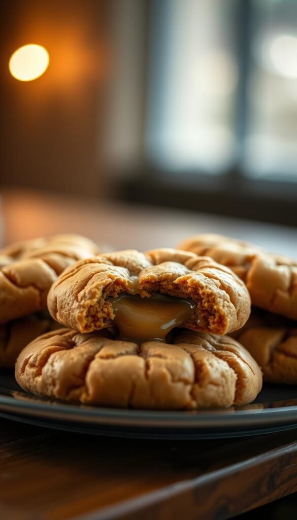 A plate of freshly baked, rich peanut butter cookies rests on a wooden table. The cookies are golden-brown with a crackly top and a soft, chewy interior. Melted peanut butter oozes from the center, creating an irresistible, decadent treat. Soft, diffused lighting from above casts a warm glow, highlighting the glossy surface of the cookies. The background is blurred, keeping the focus on the delectable baked goods. A hint of vanilla and roasted peanuts wafts through the air, adding to the cozy, inviting atmosphere.