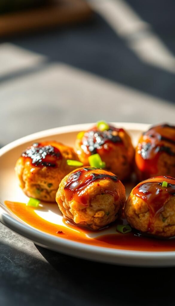 A plate of glistening tsukune chicken meatballs, skillfully crafted with ground chicken, ginger, and scallions. The meatballs are delicately grilled, their charred exterior contrasting with the juicy, tender interior. Carefully arranged on a minimalist white plate, the meatballs are drizzled with a glistening tare sauce, lending a sweet and savory umami flavor. The scene is illuminated by soft, natural lighting, casting a warm, inviting glow. The composition is centered, allowing the meatballs to take center stage, while the background remains subtly blurred, ensuring the focus remains on the delectable dish. The overall mood evokes the refined elegance of a modern Japanese-inspired sushi bar.