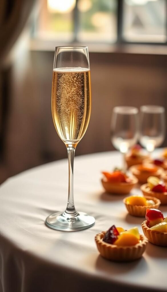 A pristine crystal champagne flute sits atop a crisp white linen tablecloth, filled with golden, effervescent bubbly. Surrounding it, an elegant arrangement of petite hors d'oeuvres, each carefully curated to complement the celebratory spirit of the wedding day: delicate smoked salmon canapes, bite-sized quiches, and delectable fruit-topped tartlets. The table is bathed in a warm, soft light, creating a refined, romantic ambiance. Positioned at an angle, the scene is captured through a slightly wide-angle lens, emphasizing the sense of occasion and the joyous pairing of champagne and wedding-inspired delicacies.