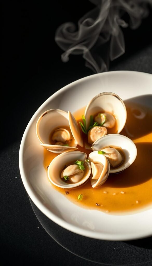 A pristine white plate holds an elegant arrangement of sake-steamed clams, their glistening shells open to reveal the succulent meat within. Delicate tendrils of steam curl upwards, carrying the aroma of fragrant herbs and a hint of citrus. The clams are bathed in a translucent, amber-hued broth infused with the subtle complexity of Japanese sake. Vibrant green onions and a scattering of toasted sesame seeds add textural contrast and visual interest. Dramatic low-angle lighting casts dramatic shadows, heightening the sense of depth and drama. The overall composition is simple yet refined, perfectly capturing the essence of a quick, sophisticated Japanese-inspired appetizer.