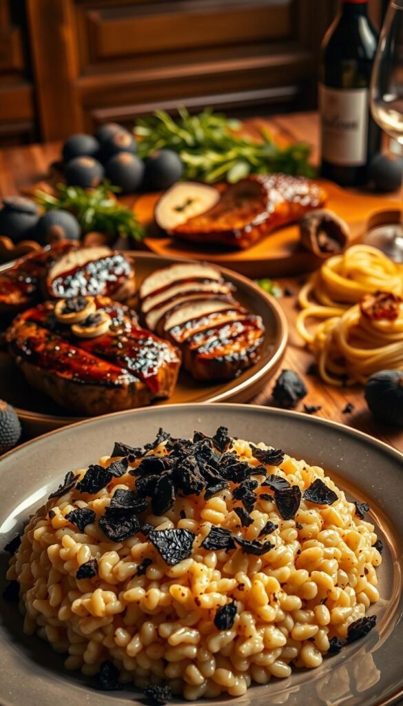 A richly-lit, high-resolution image showcasing a sumptuous truffle-infused culinary display. In the foreground, a decadent truffle risotto artfully plated, the creamy risotto grains glistening with shaved black truffles. In the middle ground, a selection of gourmet truffle-infused dishes - a thick, juicy steak topped with a glossy truffle reduction, a buttery truffle-stuffed chicken breast, and truffle-scented pasta twirled around a fork. The background features a luxurious wooden table setting, with a bottle of fine wine, fresh herbs, and a scattered arrangement of whole black truffles. Warm, golden lighting casts a sophisticated ambiance, highlighting the rich, earthy tones of the truffles and the elegant, refined nature of the cuisine.