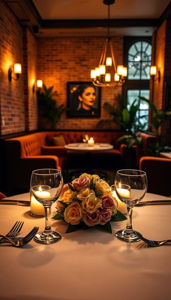 A romantic, candlelit table set for two in a cozy, intimate restaurant. The foreground features elegant, gleaming silverware, crystal wine glasses, and a bouquet of fresh flowers in the center. The middle ground shows the warm, soft lighting from wall sconces and a pendant chandelier, casting a golden glow. The background depicts a refined, rustic interior with exposed brick walls, plush upholstered seating, and lush potted plants. The overall atmosphere is one of refined elegance, sensual ambiance, and the promise of an unforgettable dining experience.