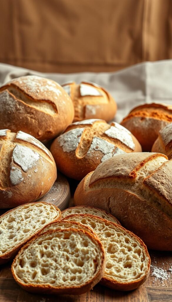 A rustic, artisanal display of classic sourdough variations, arrayed against a warm, natural backdrop. In the foreground, a selection of freshly baked loaves - their crusts golden and crackly, inviting a tactile exploration of their chewy interiors. Flour-dusted, wooden boards showcase the diverse shapes and textures, from the round boule to the elongated batard. Midground, a scattering of freshly sliced slices reveals the airy, irregular crumb structure, hinting at the slow fermentation process. Soft, directional lighting casts gentle shadows, highlighting the artful scoring patterns. In the background, a simple linen cloth or wooden surface lends an organic, homespun ambiance, complementing the artisanal theme. The overall scene evokes a sense of rustic elegance, celebrating the craft and tradition of classic sourdough baking.