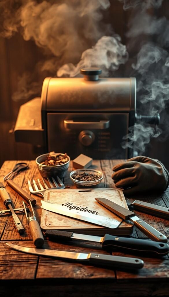 A rustic collection of well-worn smoking meat tools lies on a weathered wooden table, bathed in warm, golden light. In the foreground, a heavy-duty meat smoker, its metal surface gleaming, stands as the centerpiece. Surrounding it, an assortment of tools - a sturdy meat fork, a sharp boning knife, a silicone basting brush, and a pair of heat-resistant gloves - are arranged with precision, ready to assist in the intricate process of smoking and preparing the perfect cut of meat. The middle ground features a selection of aromatic wood chips and a small bowl of dry rub, hinting at the flavorful journey ahead. In the background, a hazy, smoke-filled atmosphere adds to the authentic, old-world charm of the scene, perfectly capturing the essence of an authentic, rustic BBQ feast.