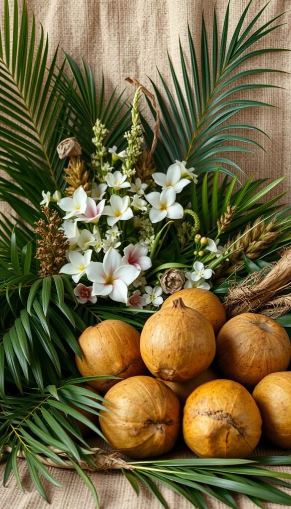 A rustic display of tropical coconuts, nestled amidst lush greenery and natural elements. In the foreground, a cluster of freshly picked coconuts, their textured husks glistening in the soft, warm lighting. The middle ground features an assortment of tropical leaves, palm fronds, and delicate flowers, creating a lush, organic backdrop. In the background, a neutral, earthy-toned surface, reminiscent of weathered wood or natural stone, provides a grounded, homespun feel. The overall composition conveys a sense of tranquility and effortless charm, perfect for a destination wedding's tropical fruit display.